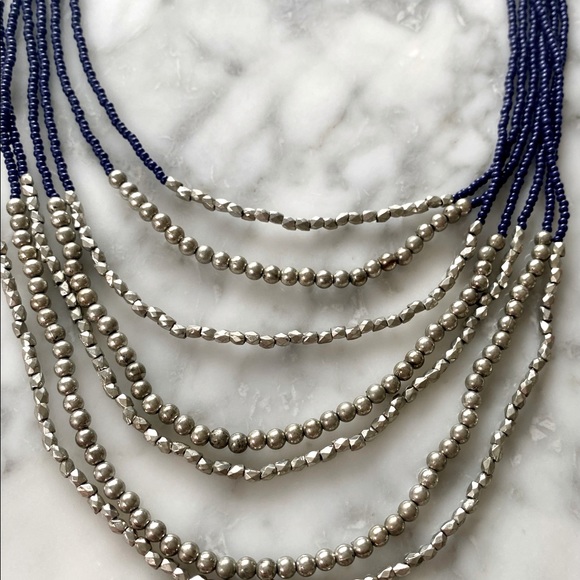 Navy Blue + Silver Beaded 3-layer Necklace - Picture 2 of 4
